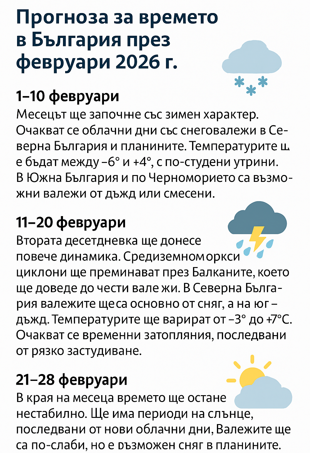 Прогноза по десетдневки за февруари 2026 г.